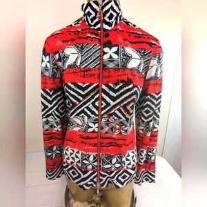 Joseph Ribkoff Front Zip Cardigan Jacket Red Black Animal Print Sequins Size 8